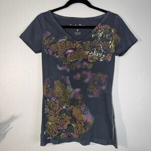 Lucky Tees Women's M Gray Sugar Skull Graphic V-Neck Madre Amor Siempre Y2K
